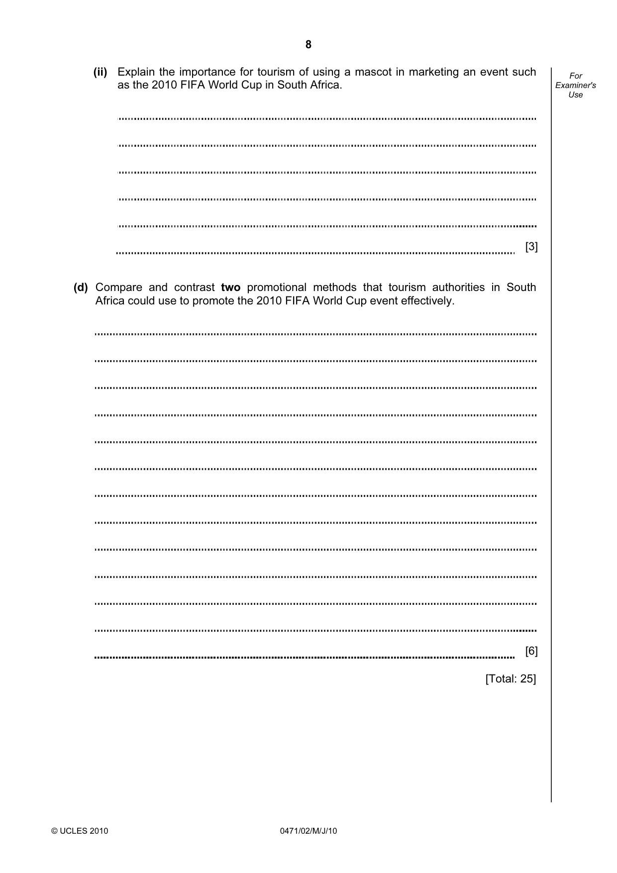 Cambridge IGCSE Travel and Tourism 0471 2010 May/June Paper 2 · Variant 1 question paper, page 8 of 16