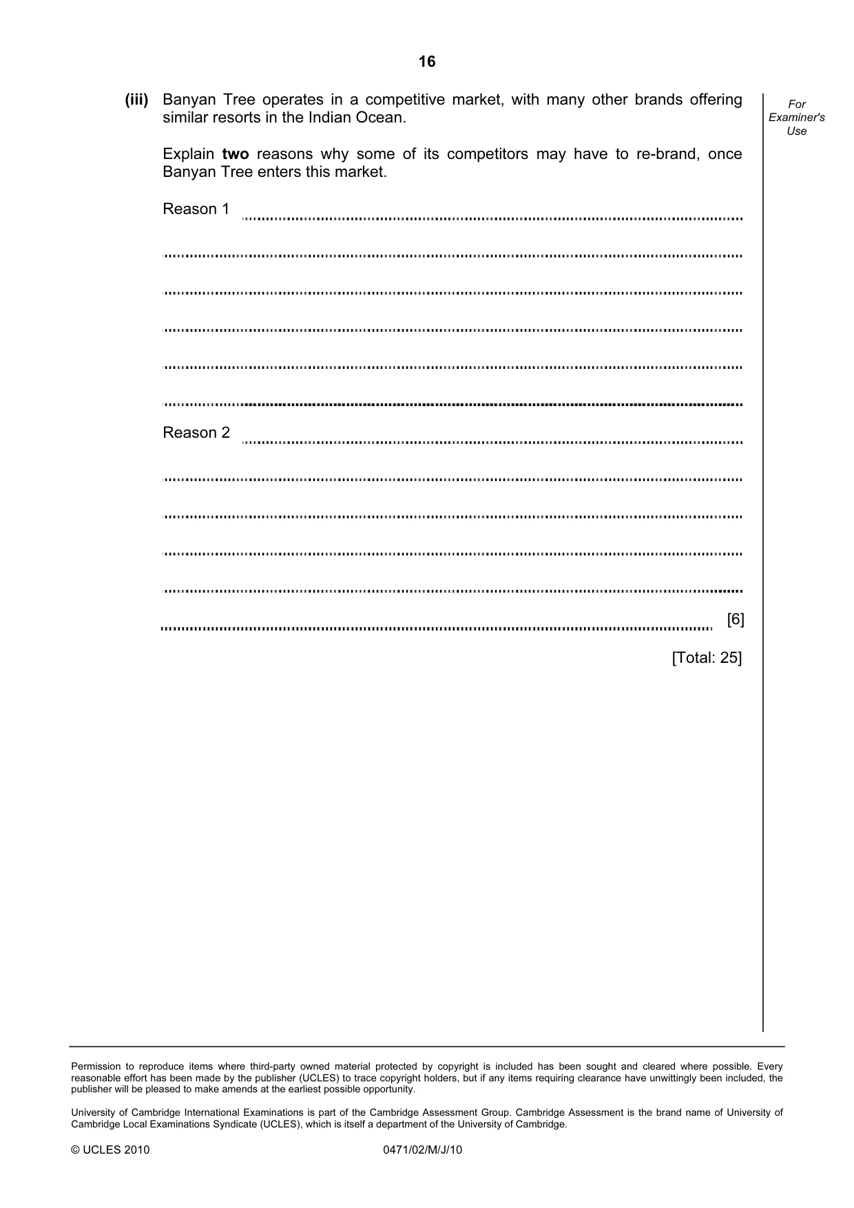 Cambridge IGCSE Travel and Tourism 0471 2010 May/June Paper 2 · Variant 1 question paper, page 16 of 16