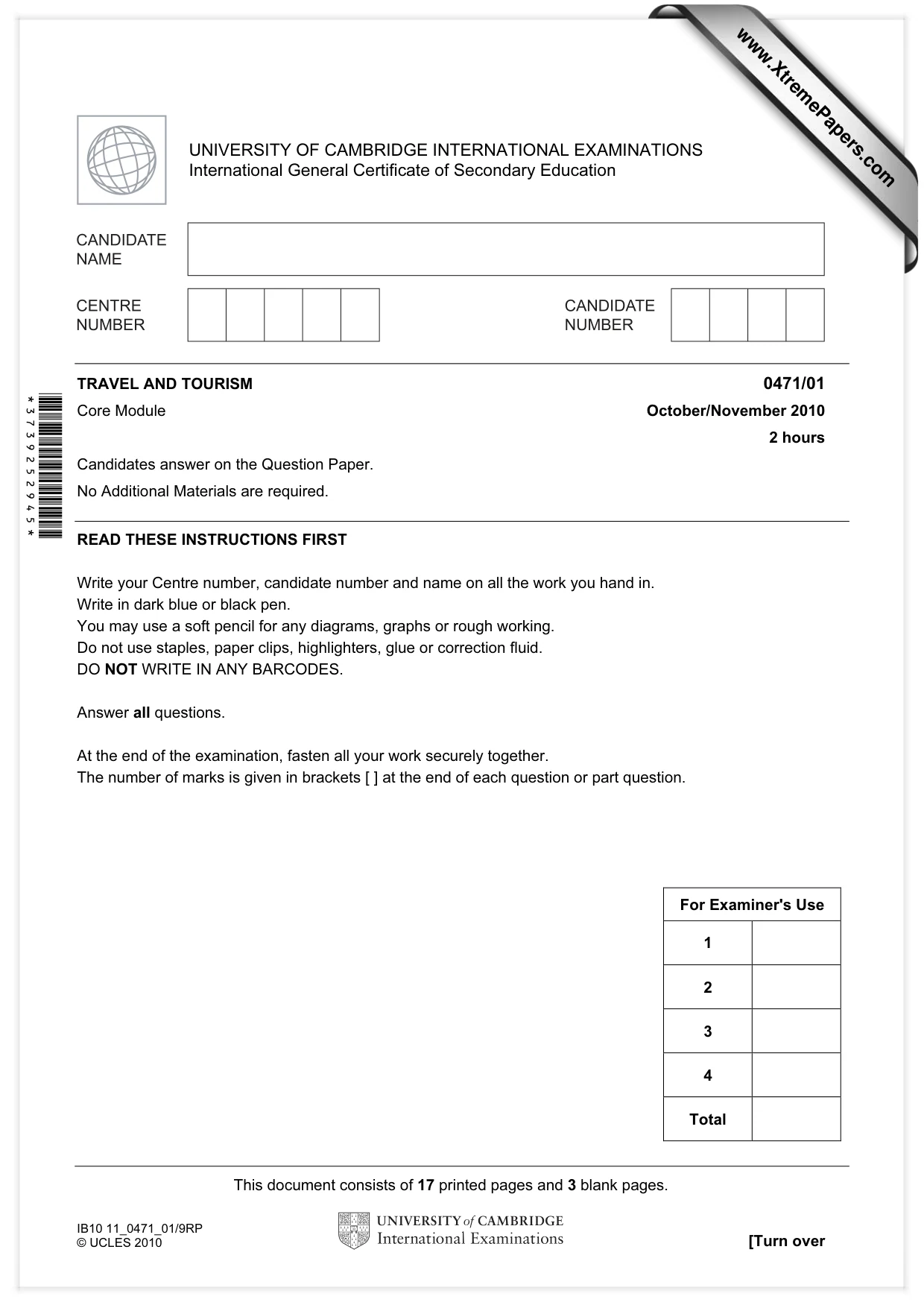 Cambridge IGCSE Travel and Tourism 0471 2010 Oct/Nov Paper 1 · Variant 1 question paper, page 1 of 20