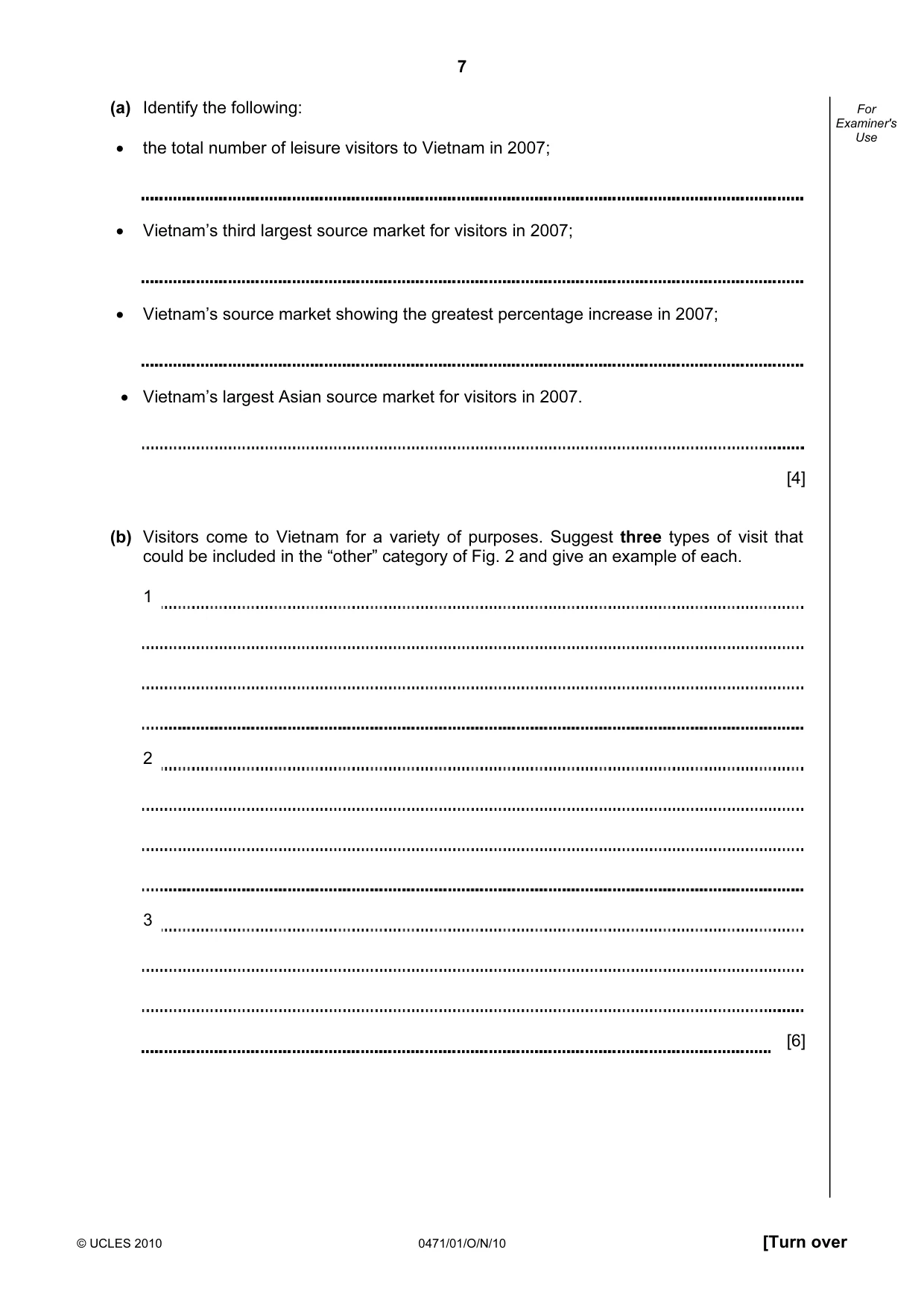 Cambridge IGCSE Travel and Tourism 0471 2010 Oct/Nov Paper 1 · Variant 1 question paper, page 7 of 20
