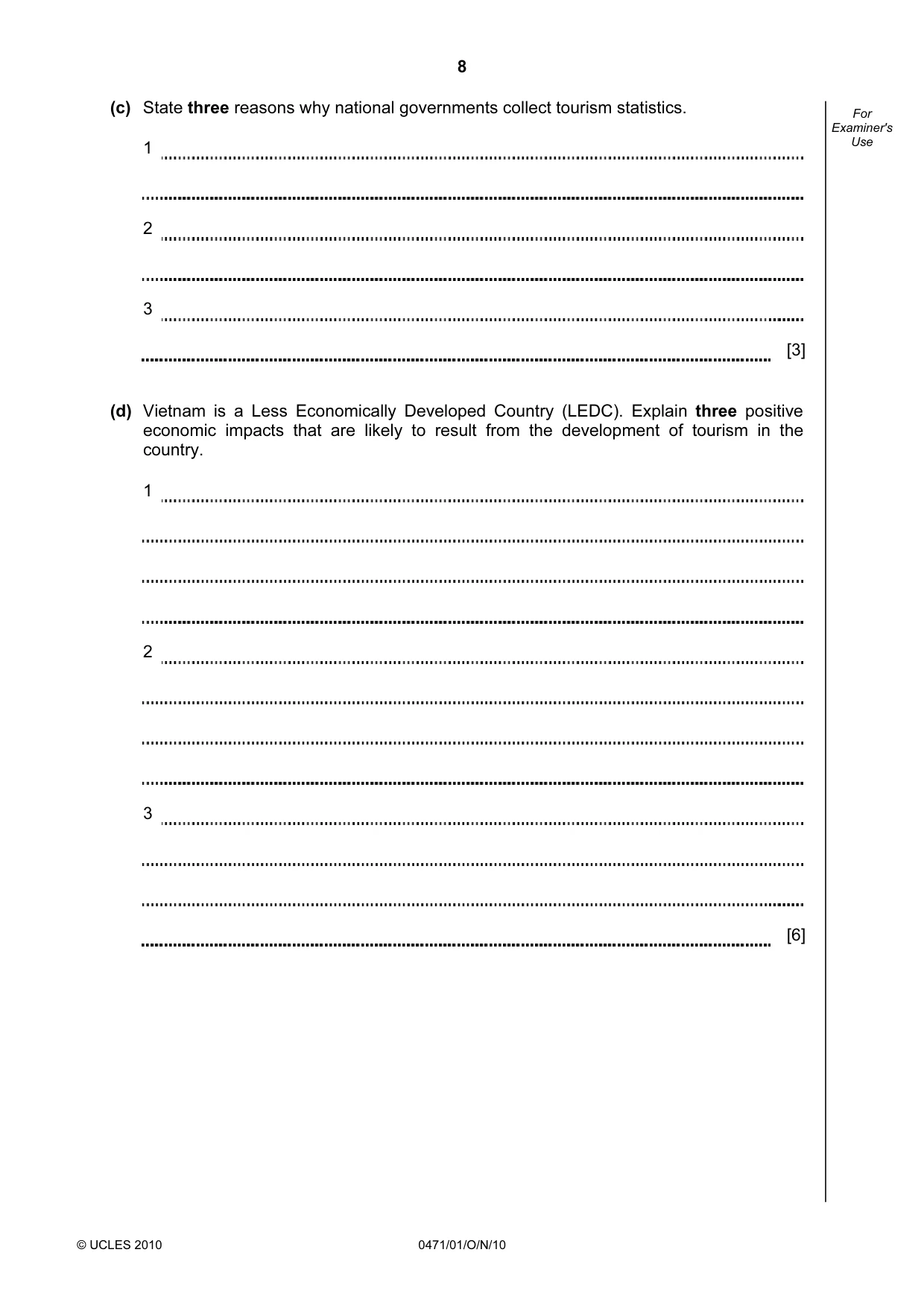 Cambridge IGCSE Travel and Tourism 0471 2010 Oct/Nov Paper 1 · Variant 1 question paper, page 8 of 20