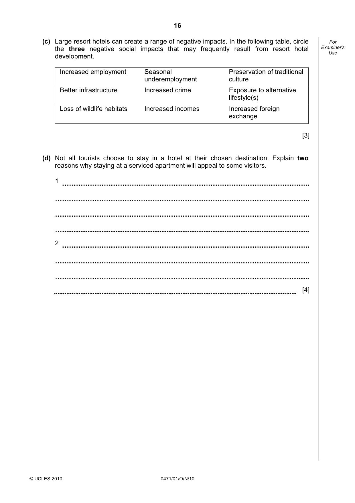 Cambridge IGCSE Travel and Tourism 0471 2010 Oct/Nov Paper 1 · Variant 1 question paper, page 16 of 20