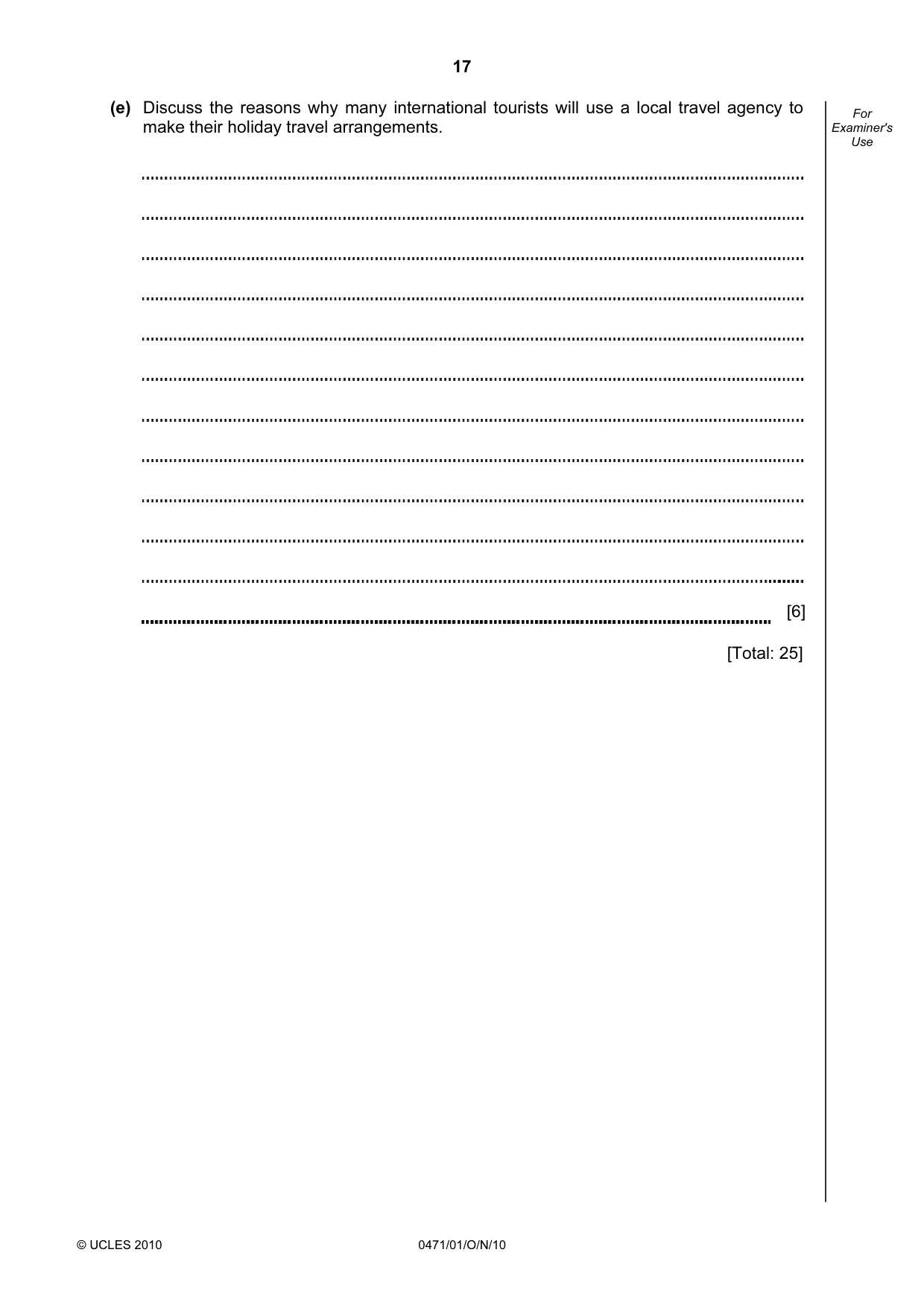 Cambridge IGCSE Travel and Tourism 0471 2010 Oct/Nov Paper 1 · Variant 1 question paper, page 17 of 20