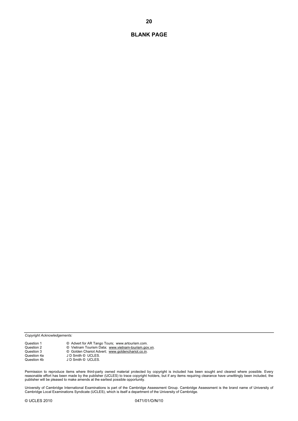 Cambridge IGCSE Travel and Tourism 0471 2010 Oct/Nov Paper 1 · Variant 1 question paper, page 20 of 20