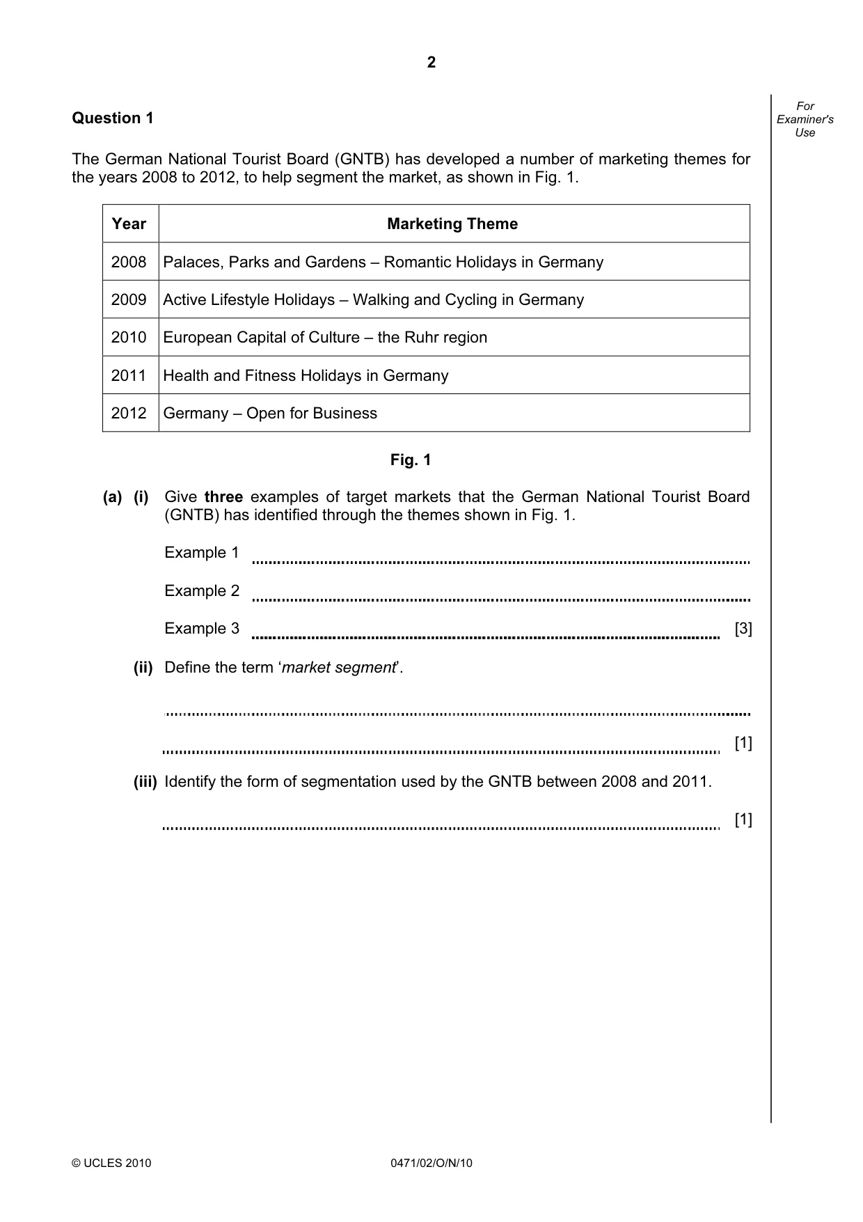 Cambridge IGCSE Travel and Tourism 0471 2010 Oct/Nov Paper 2 · Variant 1 question paper, page 2 of 20