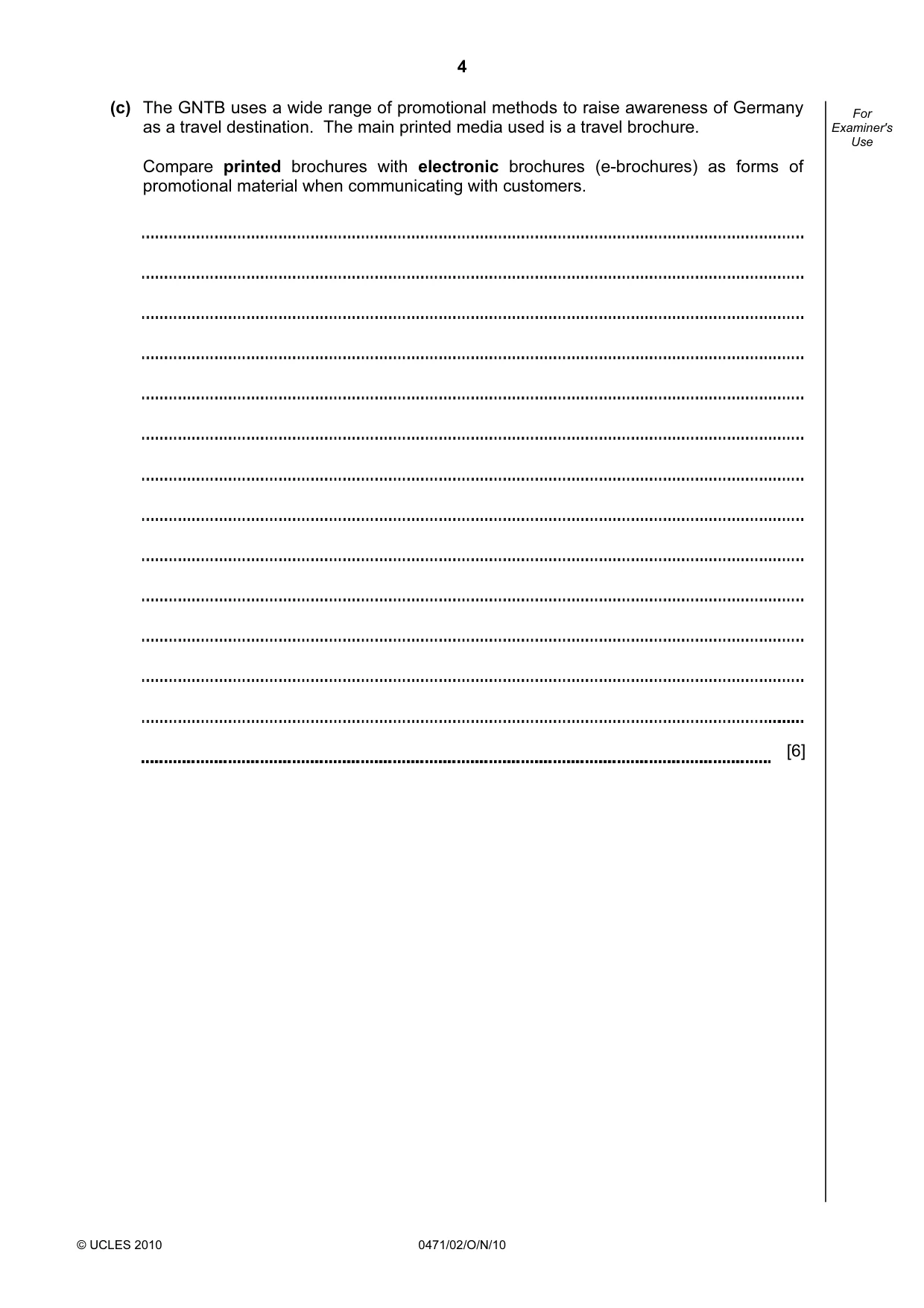 Cambridge IGCSE Travel and Tourism 0471 2010 Oct/Nov Paper 2 · Variant 1 question paper, page 4 of 20