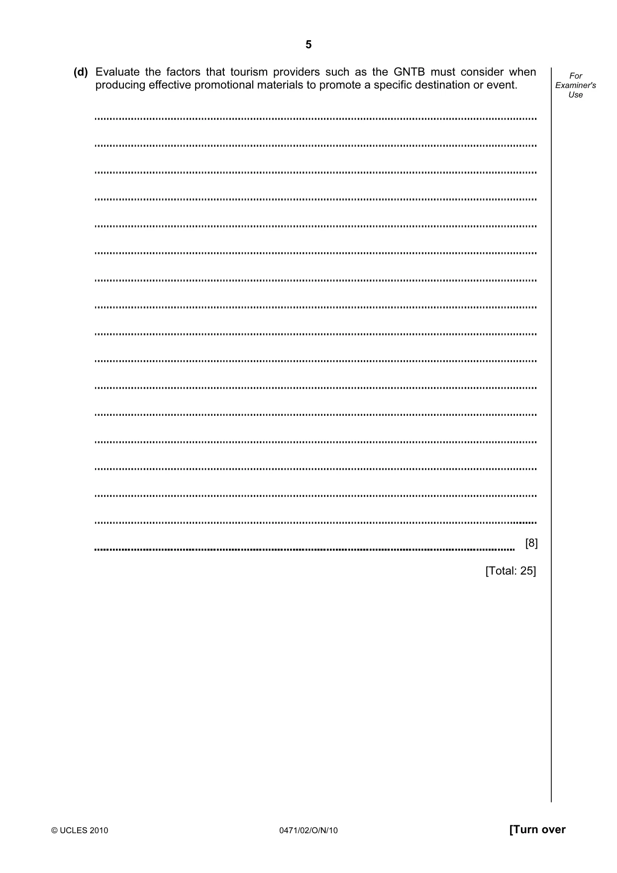 Cambridge IGCSE Travel and Tourism 0471 2010 Oct/Nov Paper 2 · Variant 1 question paper, page 5 of 20