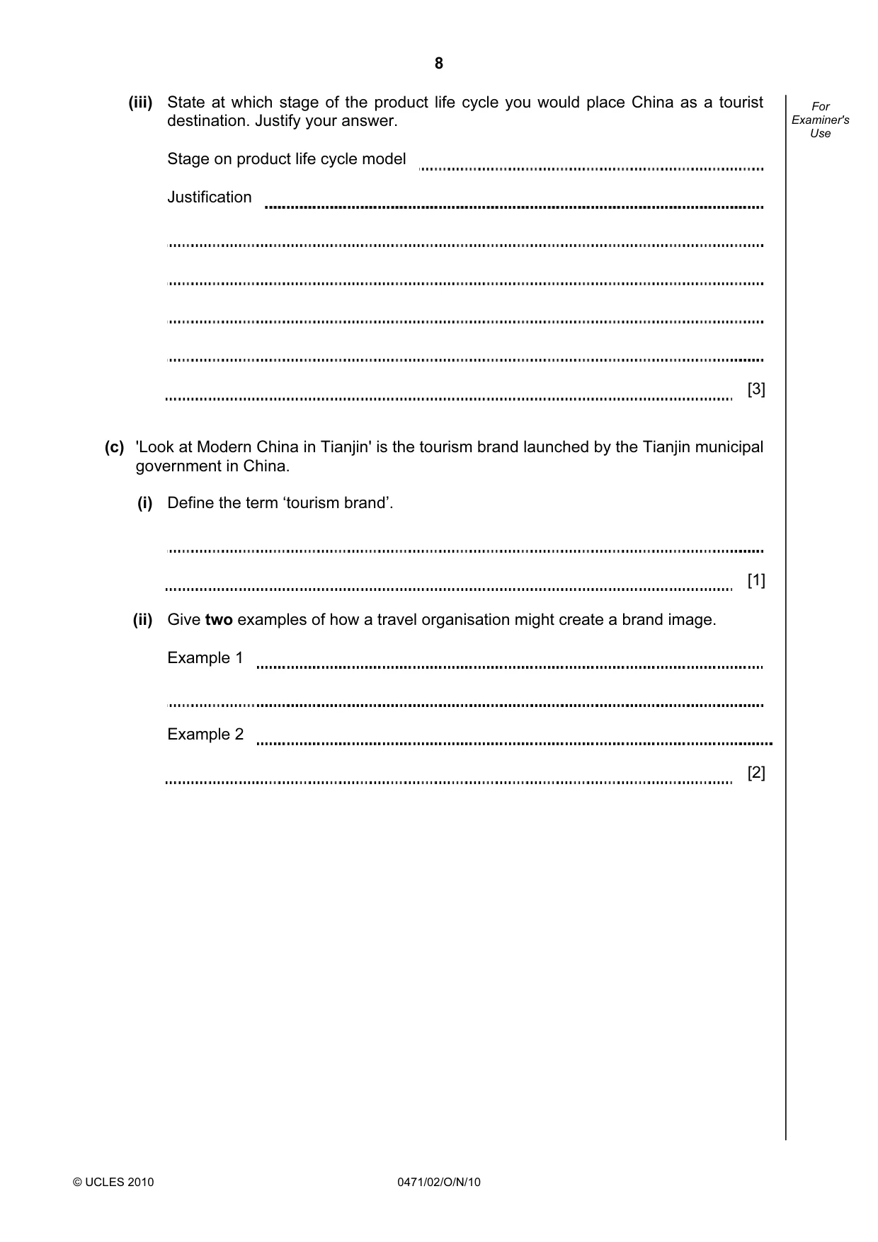 Cambridge IGCSE Travel and Tourism 0471 2010 Oct/Nov Paper 2 · Variant 1 question paper, page 8 of 20
