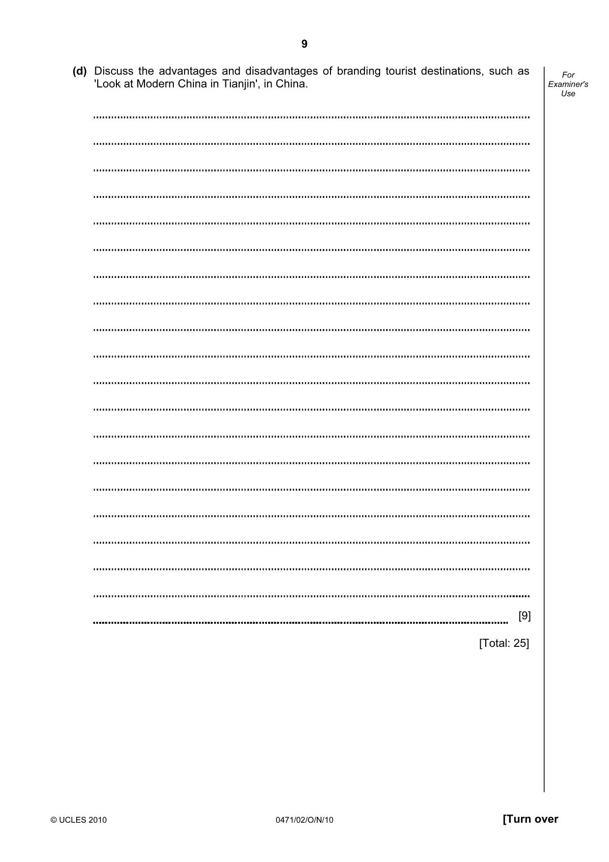 Cambridge IGCSE Travel and Tourism 0471 2010 Oct/Nov Paper 2 · Variant 1 question paper, page 9 of 20