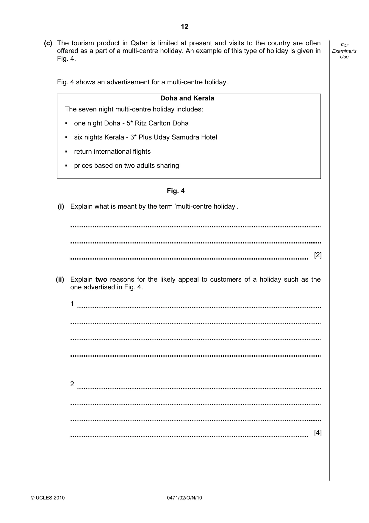 Cambridge IGCSE Travel and Tourism 0471 2010 Oct/Nov Paper 2 · Variant 1 question paper, page 12 of 20