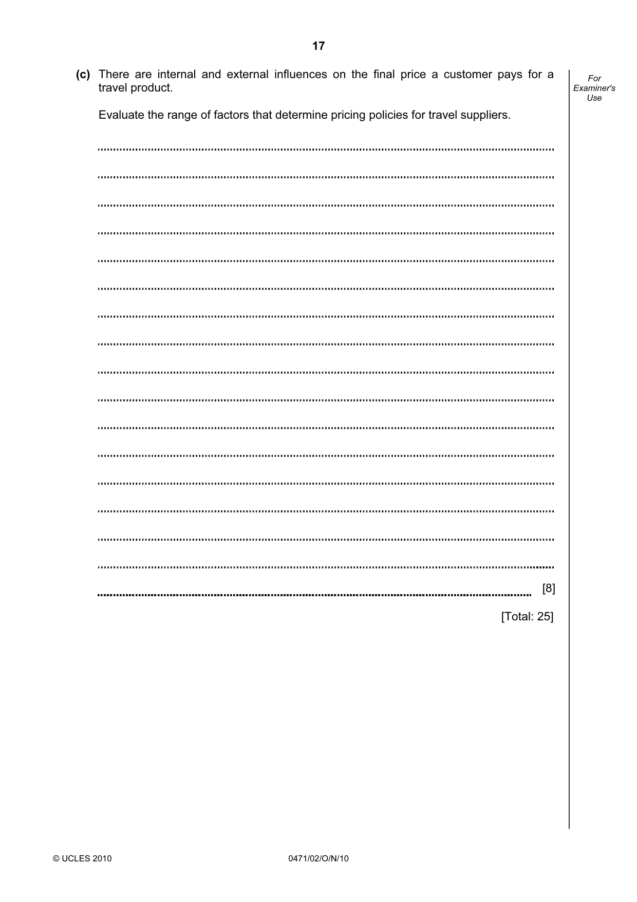 Cambridge IGCSE Travel and Tourism 0471 2010 Oct/Nov Paper 2 · Variant 1 question paper, page 17 of 20