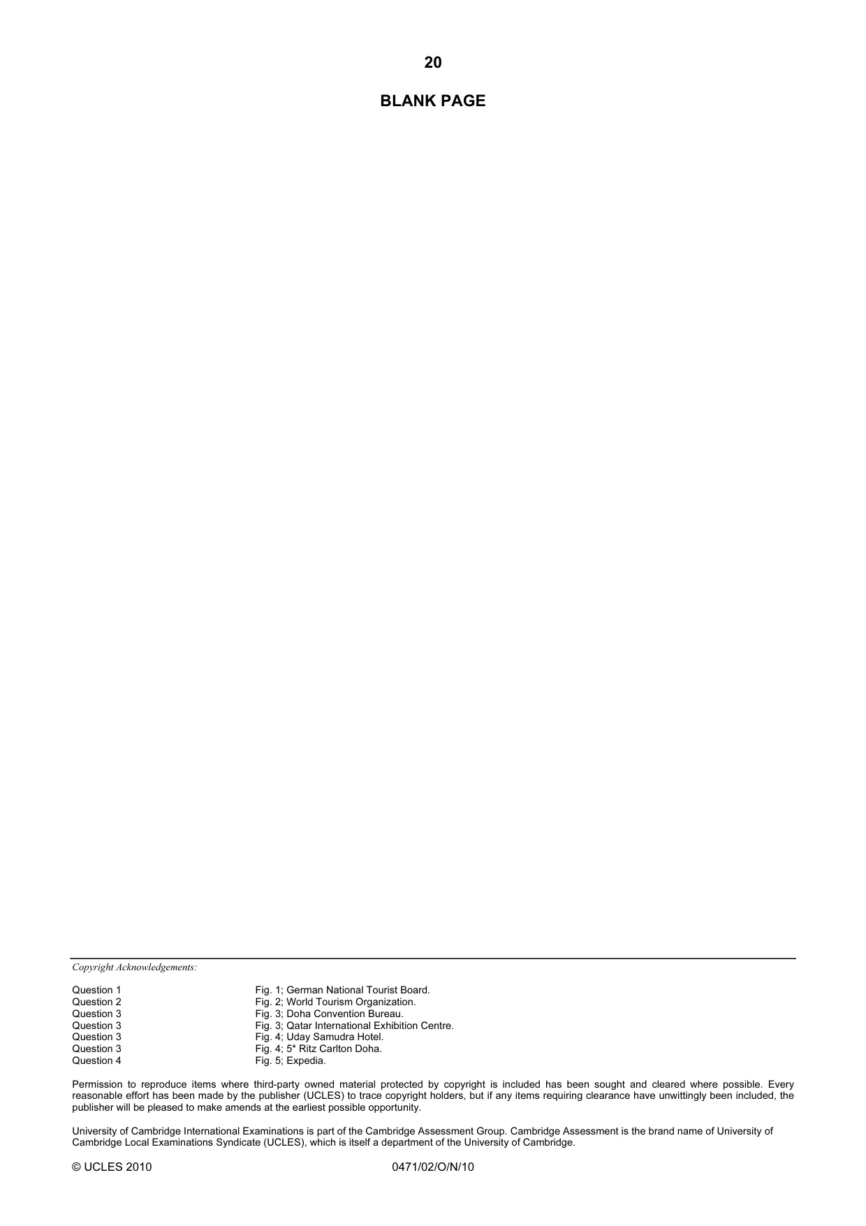 Cambridge IGCSE Travel and Tourism 0471 2010 Oct/Nov Paper 2 · Variant 1 question paper, page 20 of 20