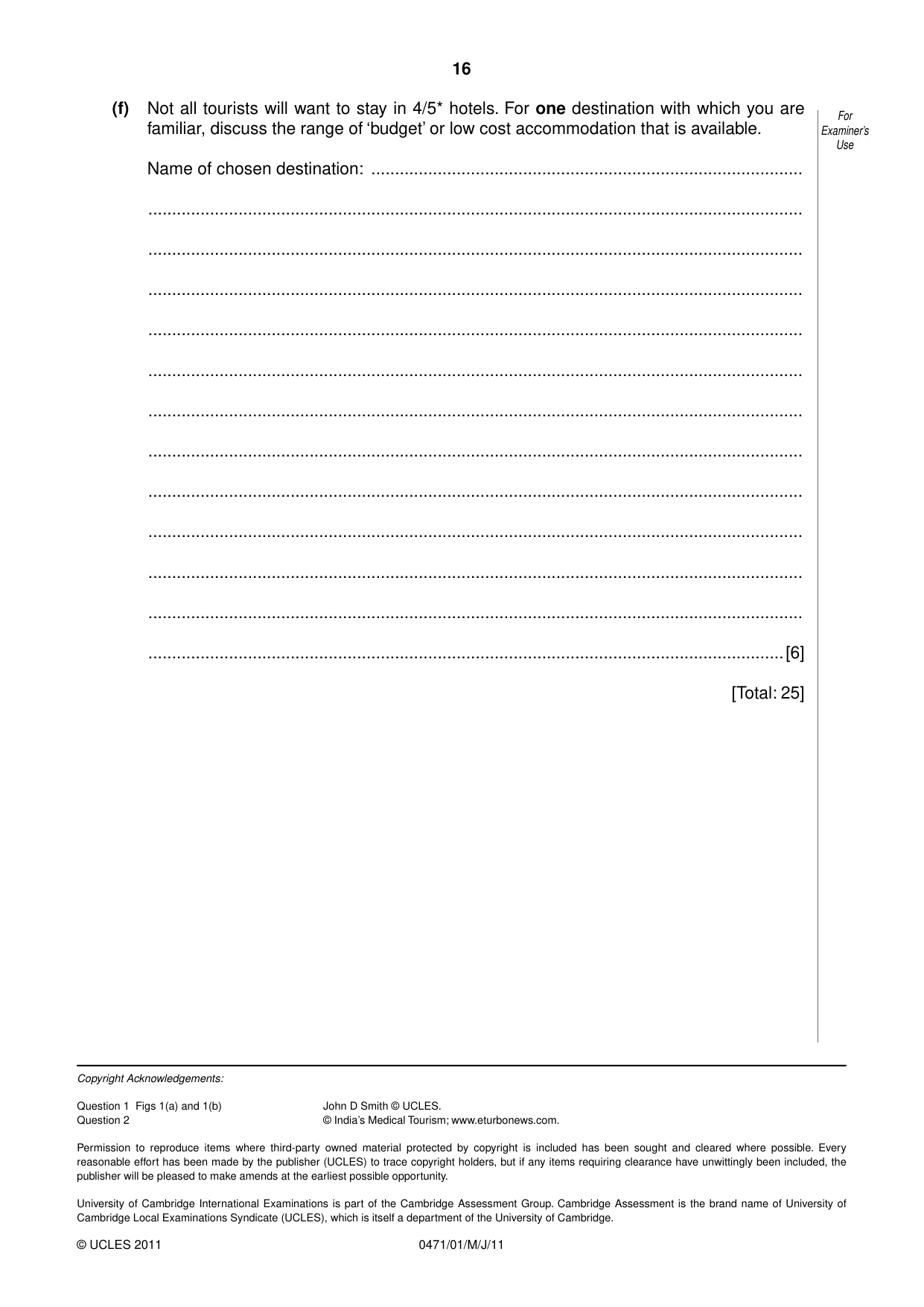 Cambridge IGCSE Travel and Tourism 0471 2011 May/June Paper 1 · Variant 1 question paper, page 16 of 16