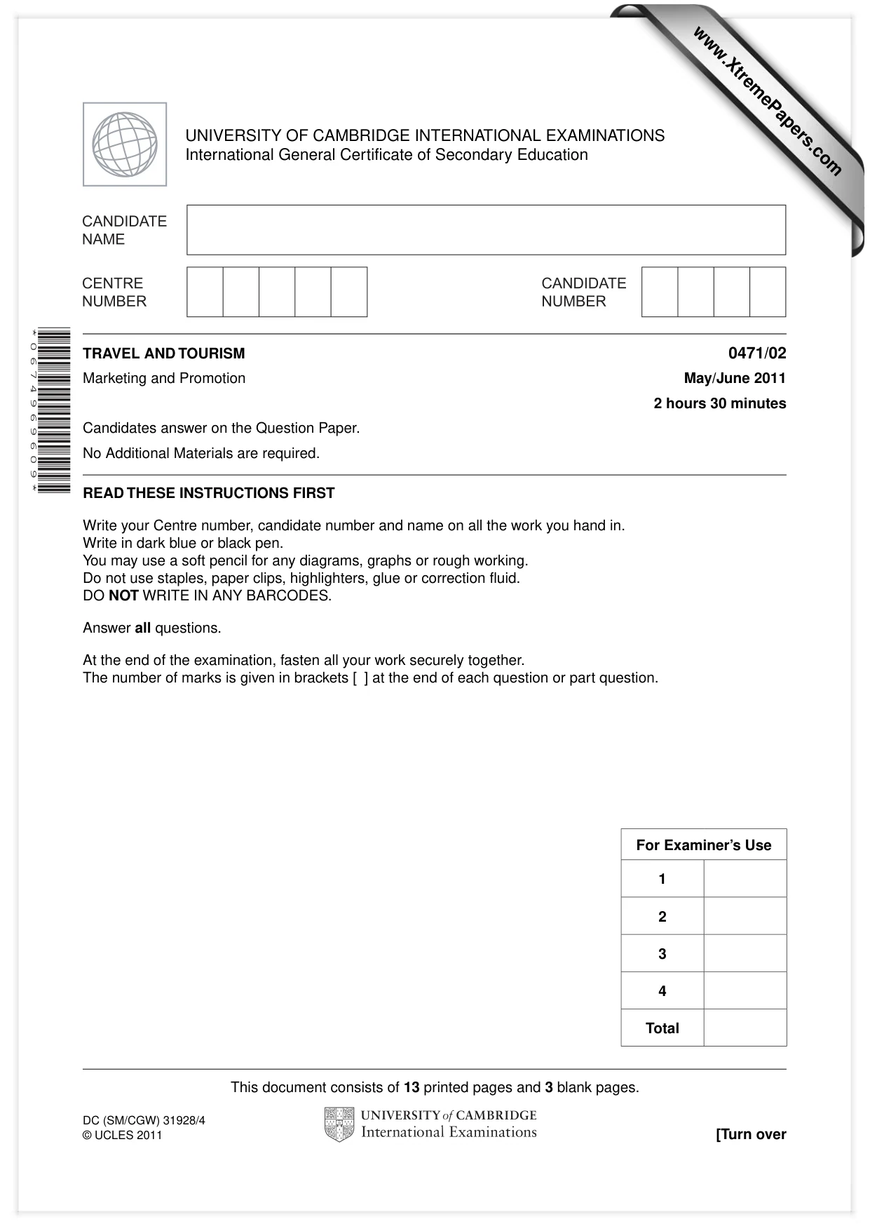 Cambridge IGCSE Travel and Tourism 0471 2011 May/June Paper 2 · Variant 1 question paper, page 1 of 16