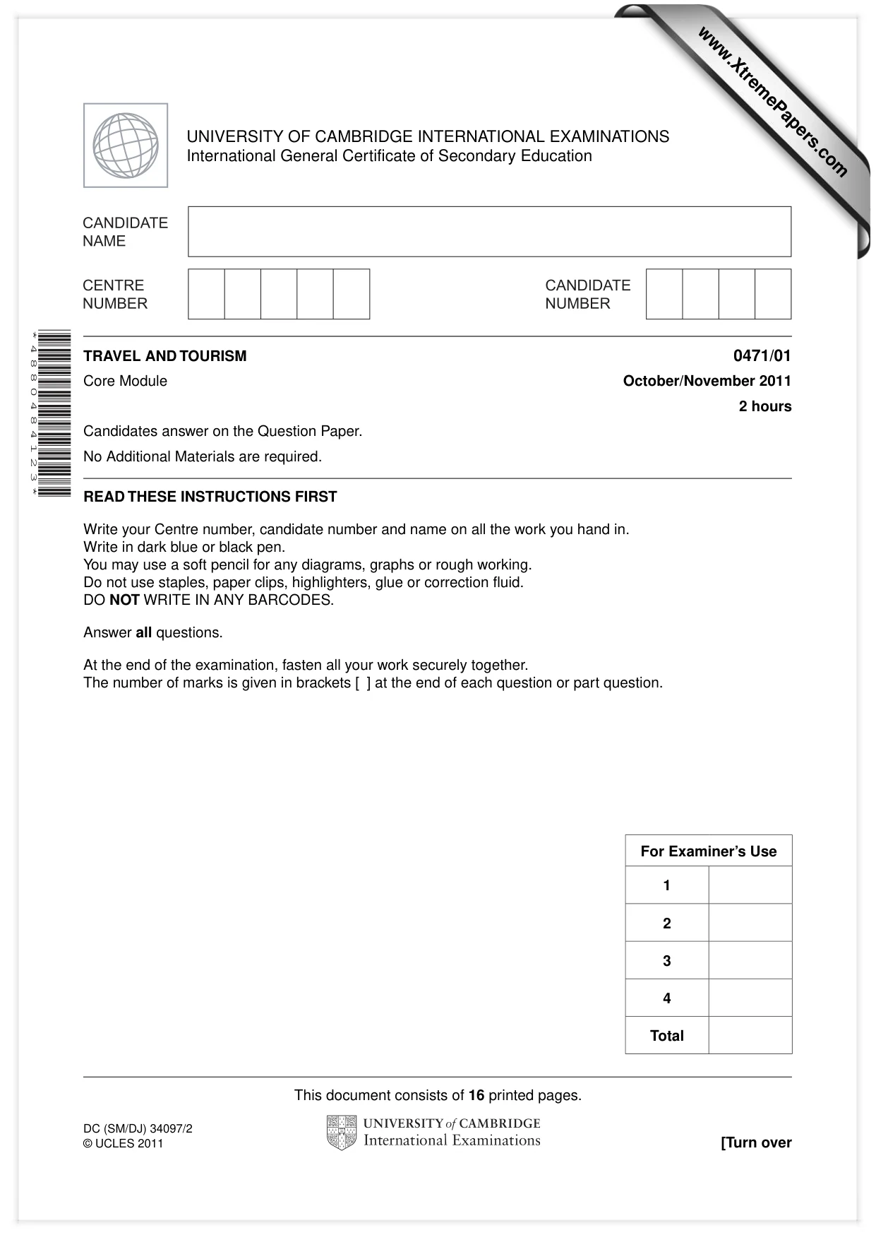 Cambridge IGCSE Travel and Tourism 0471 2011 Oct/Nov Paper 1 · Variant 1 question paper, page 1 of 16
