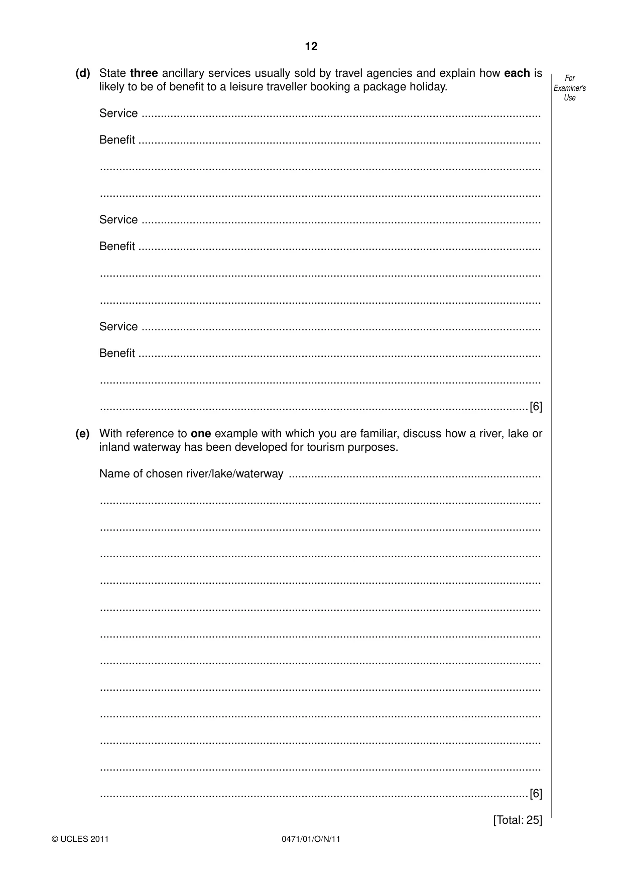 Cambridge IGCSE Travel and Tourism 0471 2011 Oct/Nov Paper 1 · Variant 1 question paper, page 12 of 16