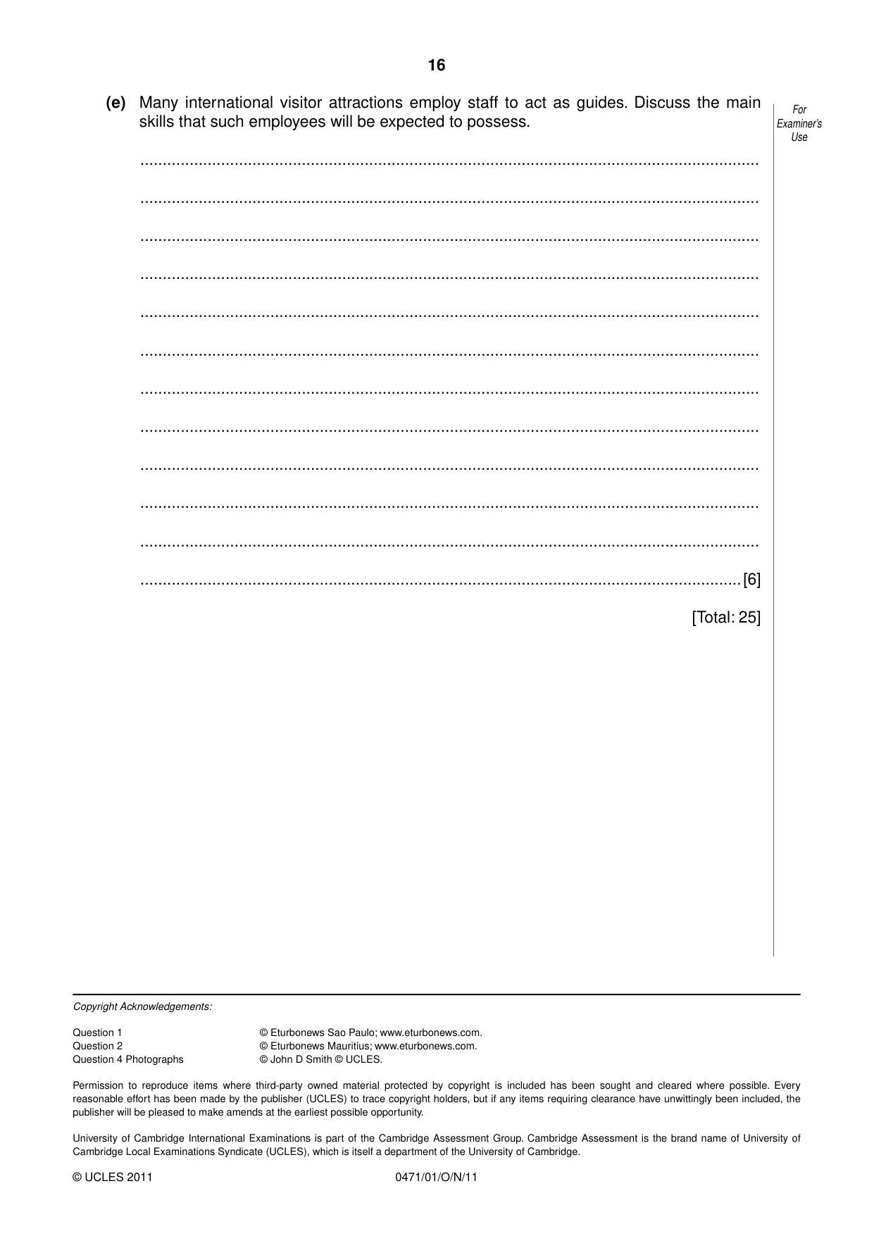 Cambridge IGCSE Travel and Tourism 0471 2011 Oct/Nov Paper 1 · Variant 1 question paper, page 16 of 16