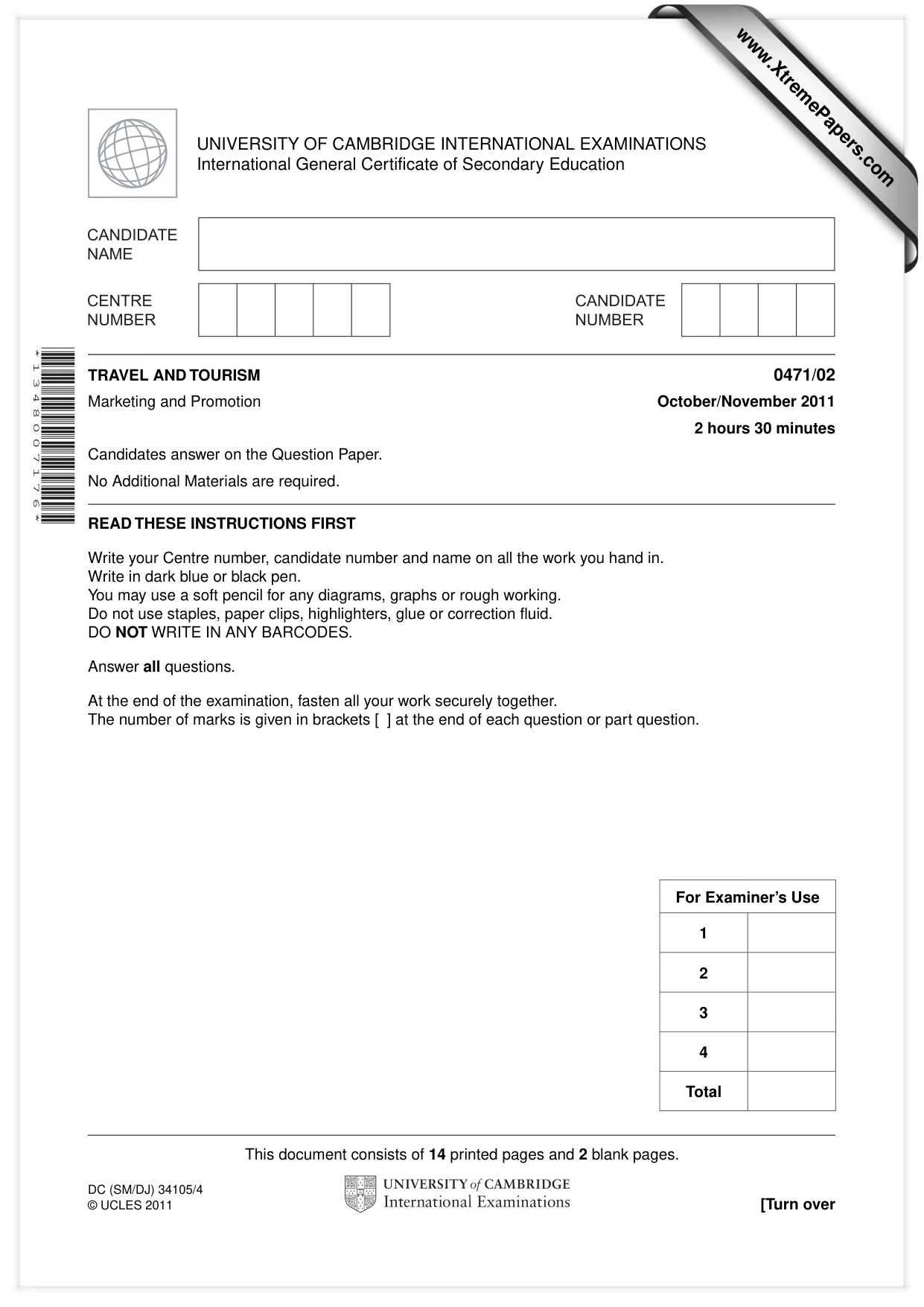 Cambridge IGCSE Travel and Tourism 0471 2011 Oct/Nov Paper 2 · Variant 1 question paper, page 1 of 16