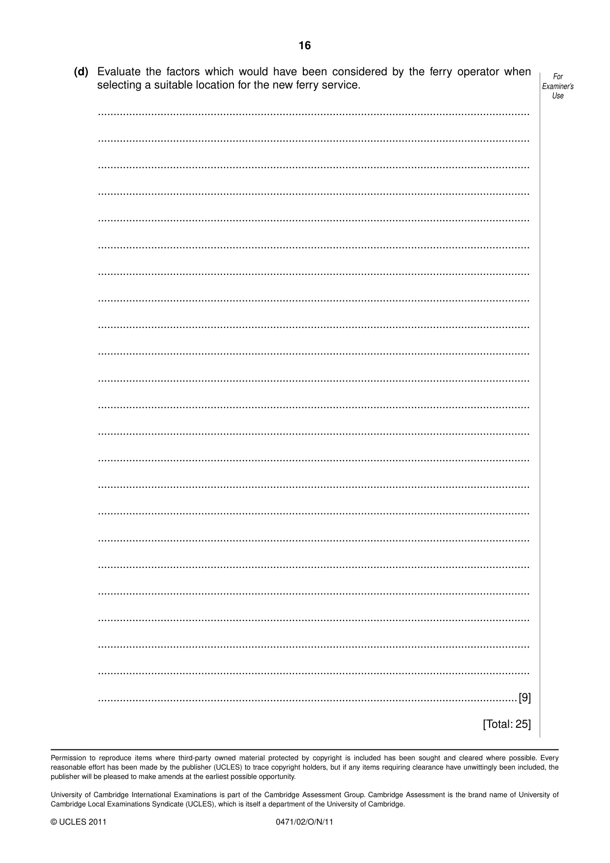 Cambridge IGCSE Travel and Tourism 0471 2011 Oct/Nov Paper 2 · Variant 1 question paper, page 16 of 16