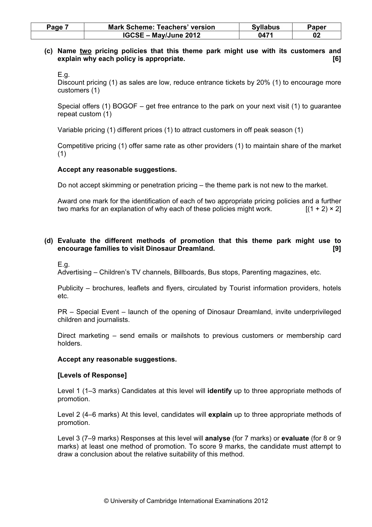 Mark scheme, page 7 of 9