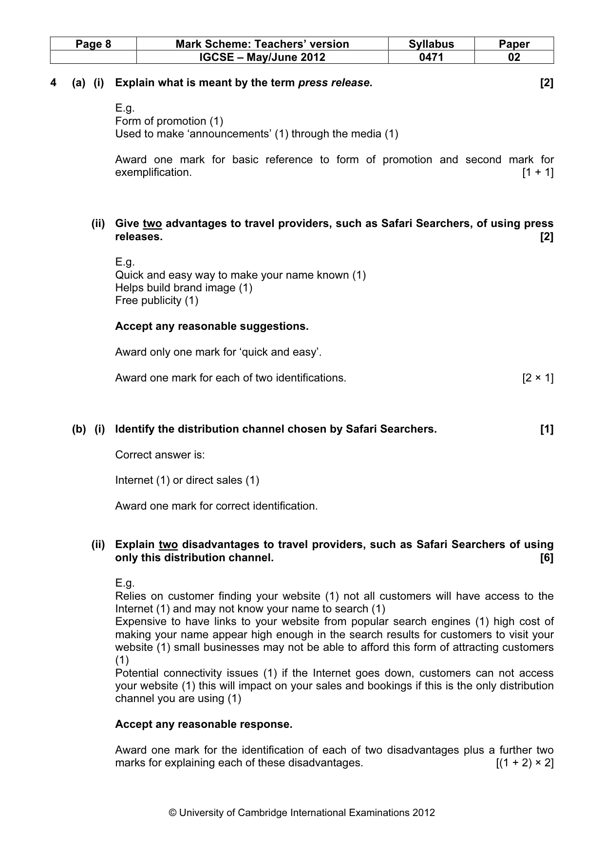 Mark scheme, page 8 of 9