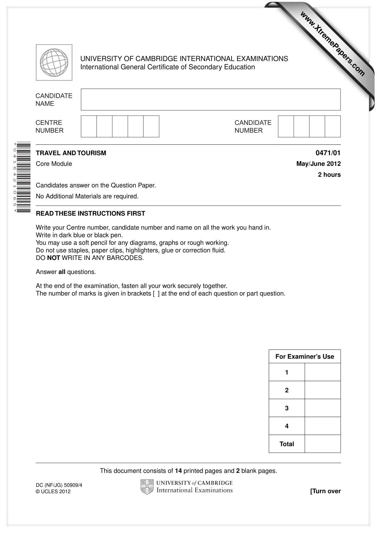 Cambridge IGCSE Travel and Tourism 0471 2012 May/June Paper 1 · Variant 1 question paper, page 1 of 16