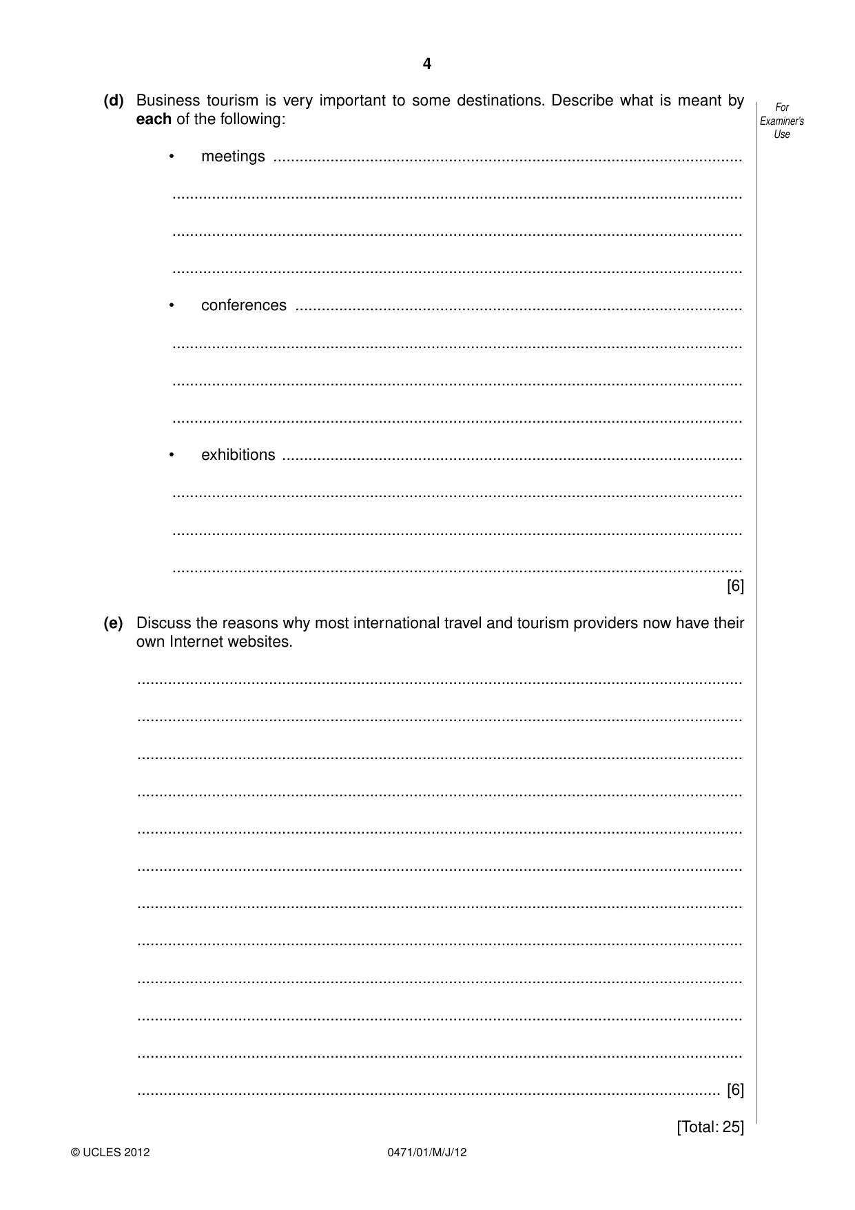Cambridge IGCSE Travel and Tourism 0471 2012 May/June Paper 1 · Variant 1 question paper, page 4 of 16