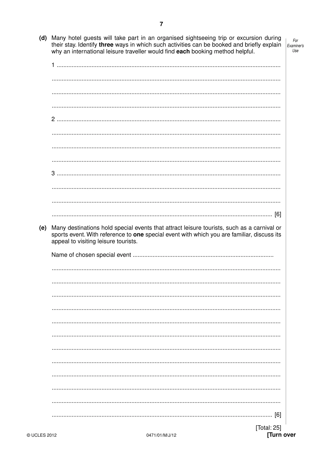 Cambridge IGCSE Travel and Tourism 0471 2012 May/June Paper 1 · Variant 1 question paper, page 7 of 16