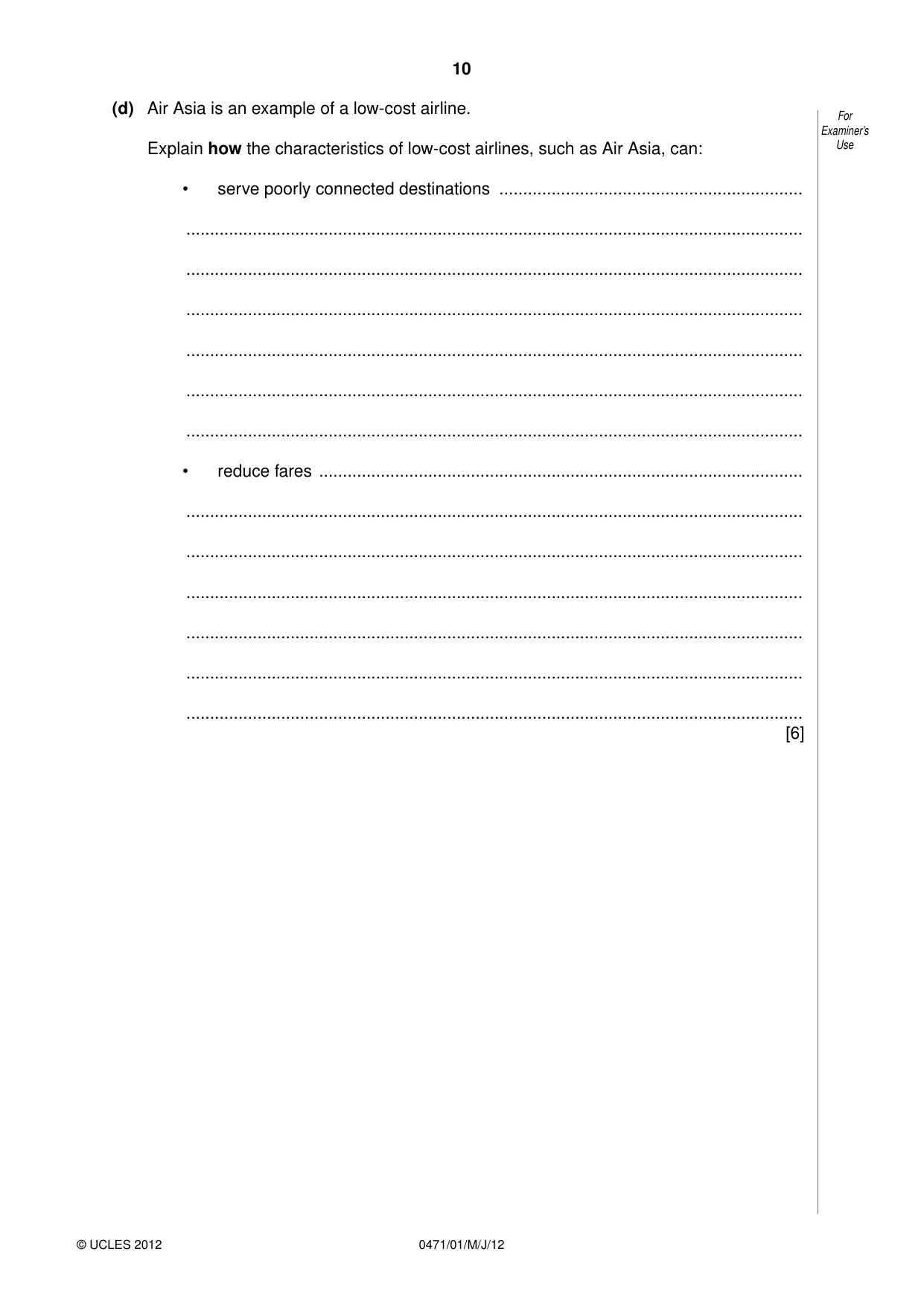 Cambridge IGCSE Travel and Tourism 0471 2012 May/June Paper 1 · Variant 1 question paper, page 10 of 16