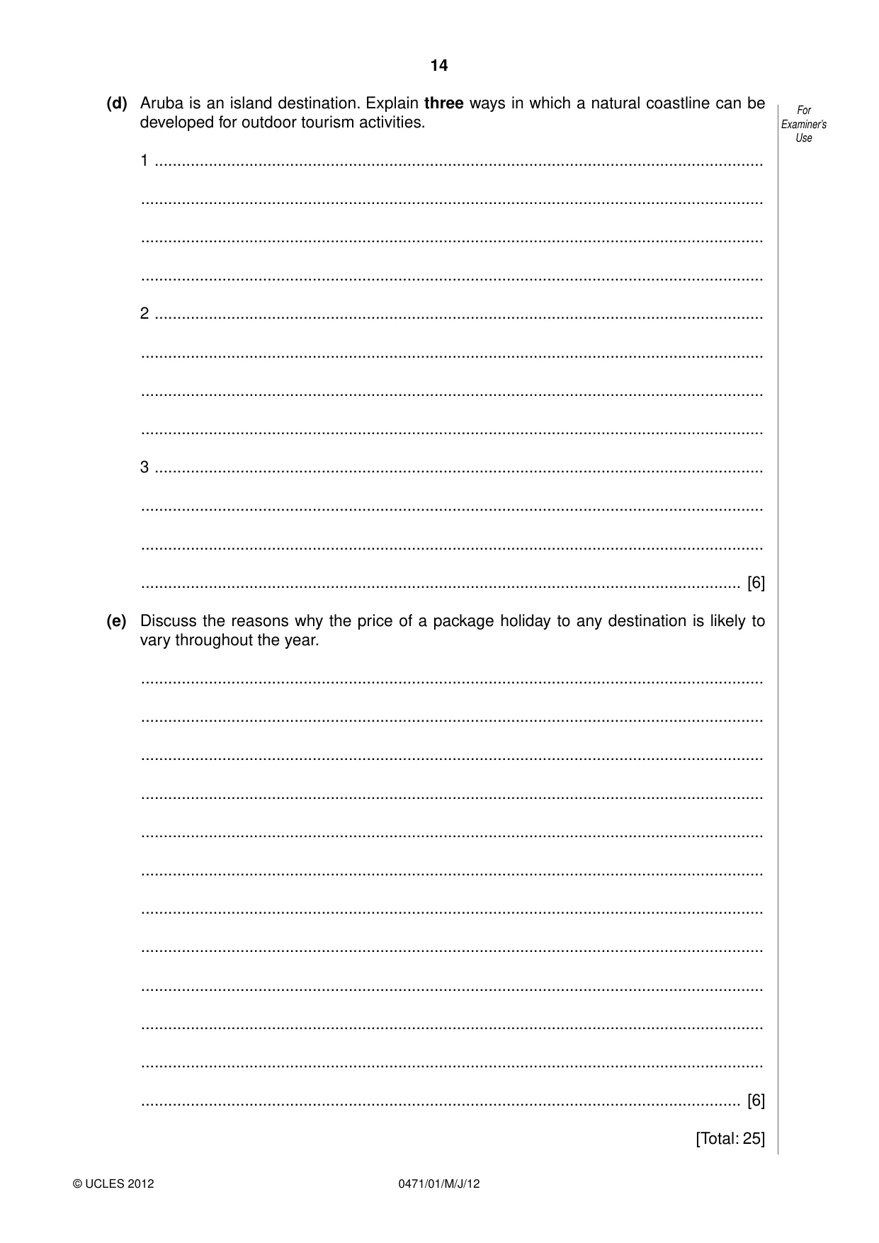 Cambridge IGCSE Travel and Tourism 0471 2012 May/June Paper 1 · Variant 1 question paper, page 14 of 16