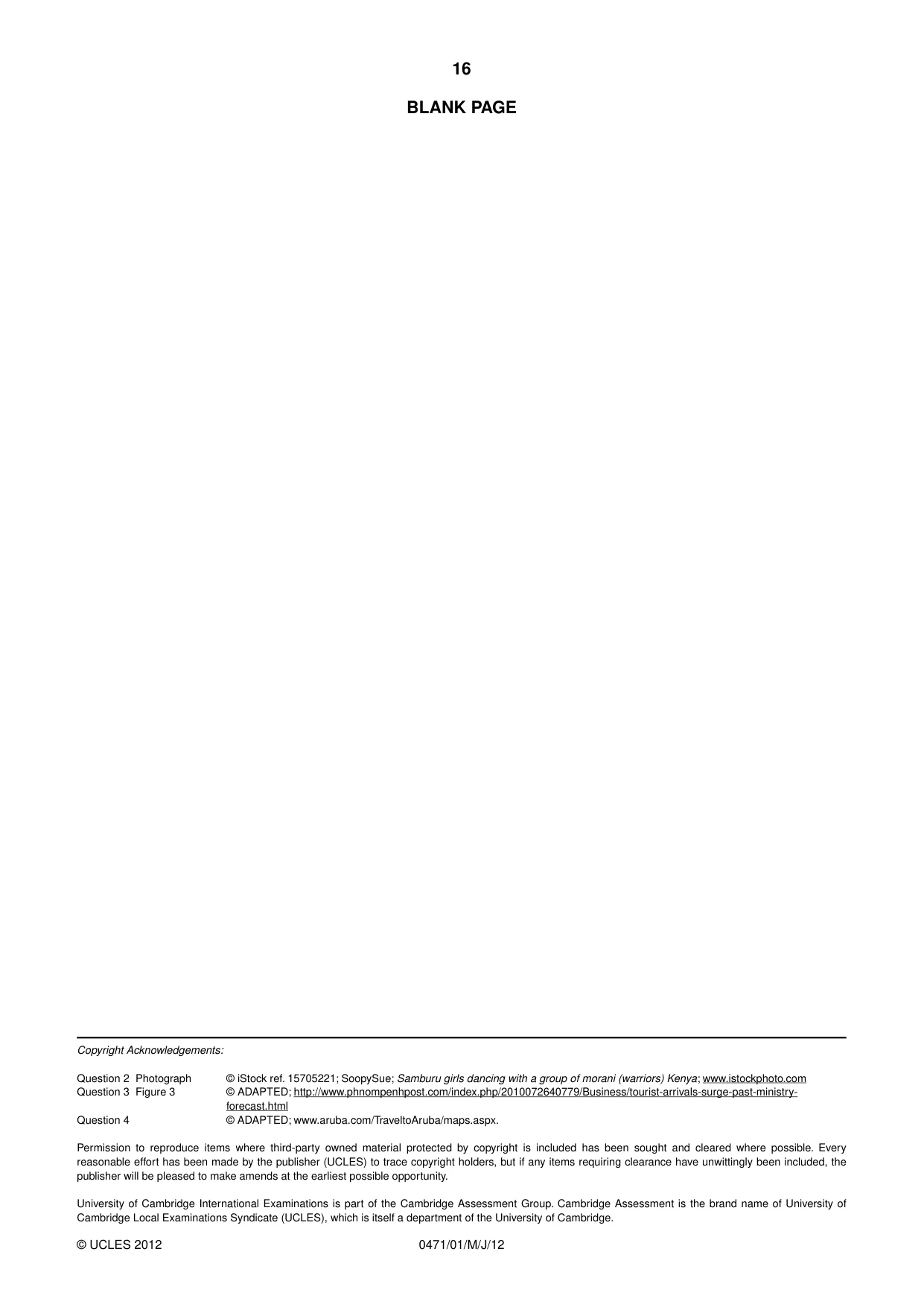 Cambridge IGCSE Travel and Tourism 0471 2012 May/June Paper 1 · Variant 1 question paper, page 16 of 16