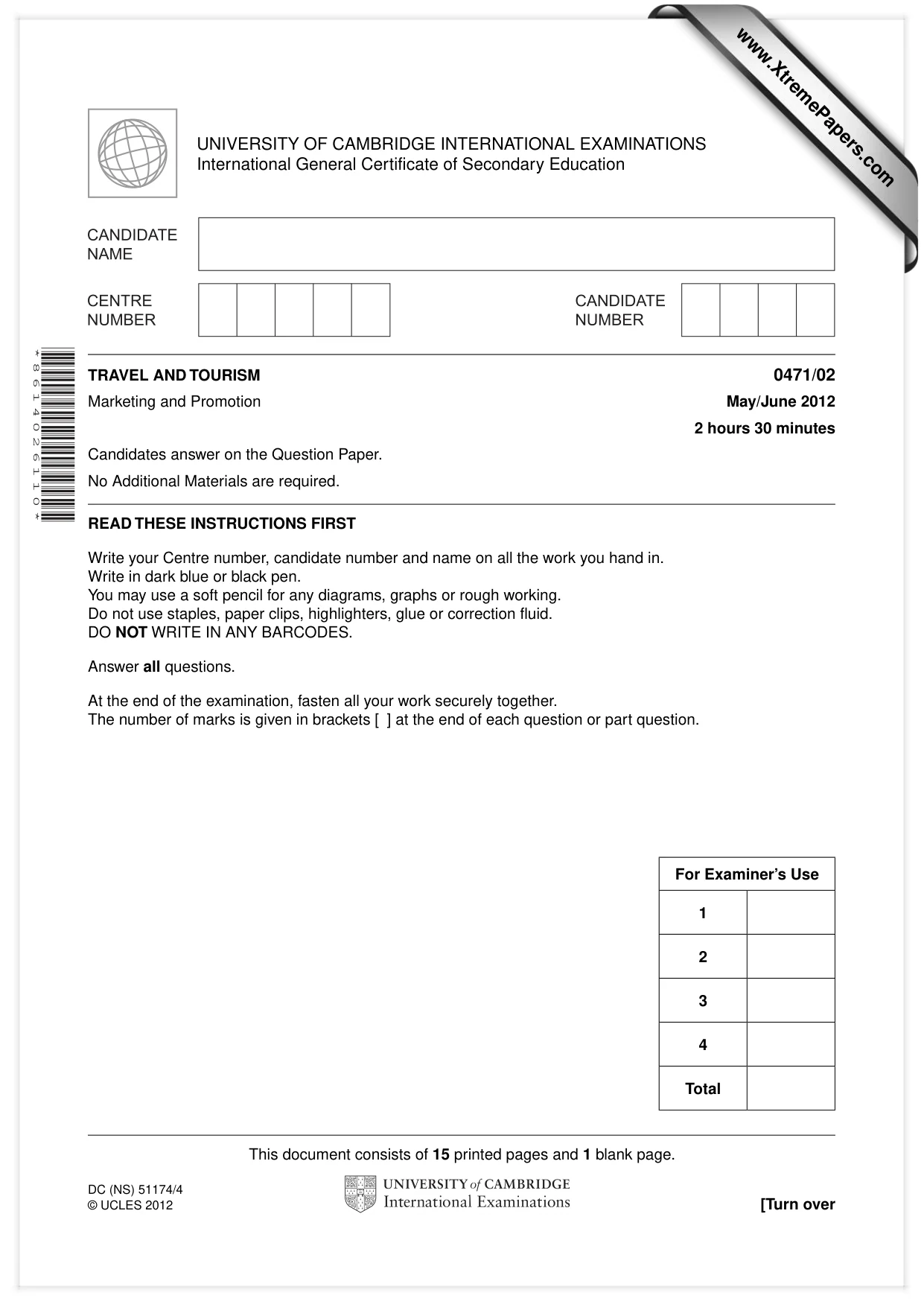 Cambridge IGCSE Travel and Tourism 0471 2012 May/June Paper 2 · Variant 1 question paper, page 1 of 16