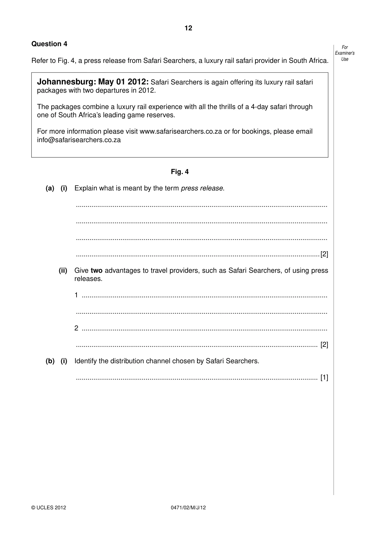 Cambridge IGCSE Travel and Tourism 0471 2012 May/June Paper 2 · Variant 1 question paper, page 12 of 16