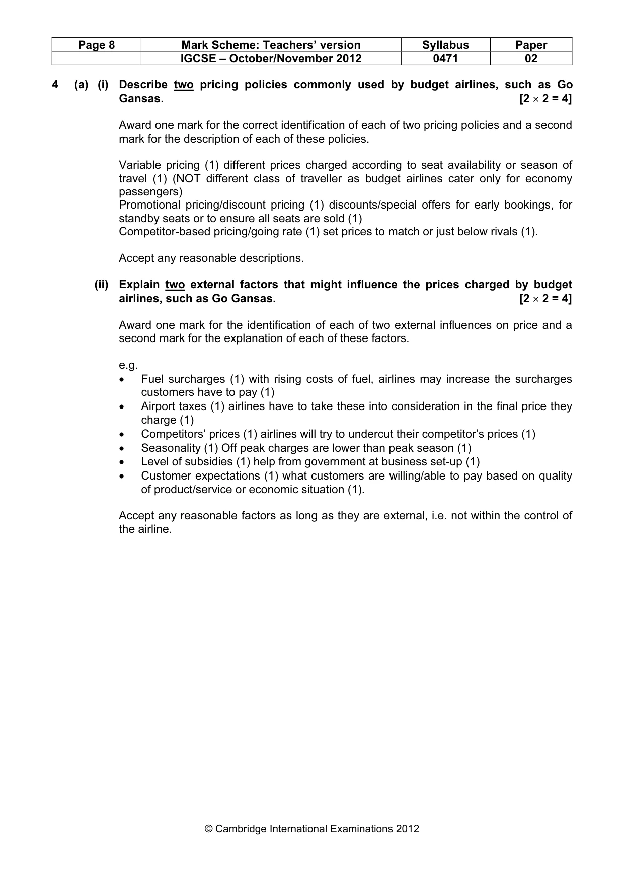 Mark scheme, page 8 of 9