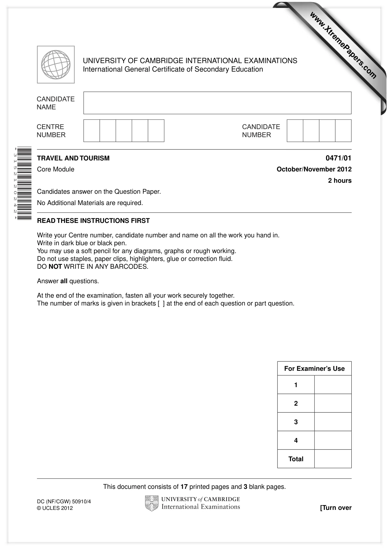 Cambridge IGCSE Travel and Tourism 0471 2012 Oct/Nov Paper 1 · Variant 1 question paper, page 1 of 20