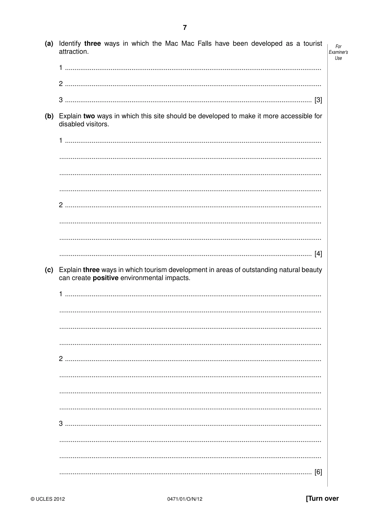 Cambridge IGCSE Travel and Tourism 0471 2012 Oct/Nov Paper 1 · Variant 1 question paper, page 7 of 20