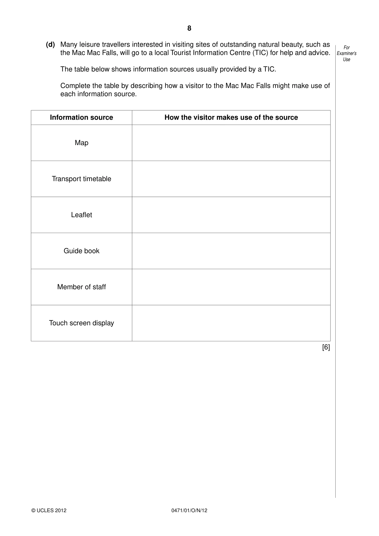 Cambridge IGCSE Travel and Tourism 0471 2012 Oct/Nov Paper 1 · Variant 1 question paper, page 8 of 20
