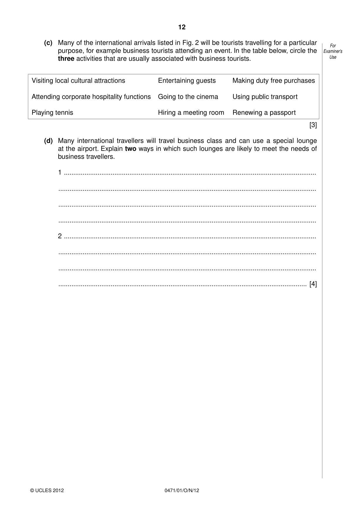 Cambridge IGCSE Travel and Tourism 0471 2012 Oct/Nov Paper 1 · Variant 1 question paper, page 12 of 20