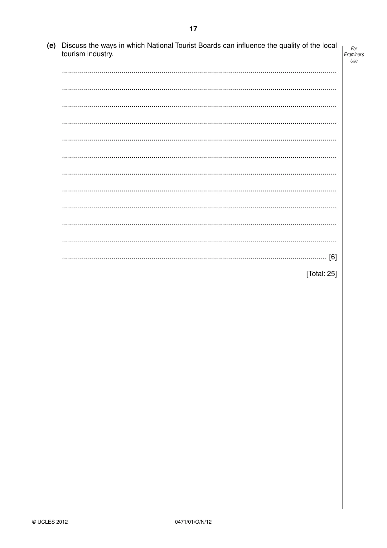 Cambridge IGCSE Travel and Tourism 0471 2012 Oct/Nov Paper 1 · Variant 1 question paper, page 17 of 20