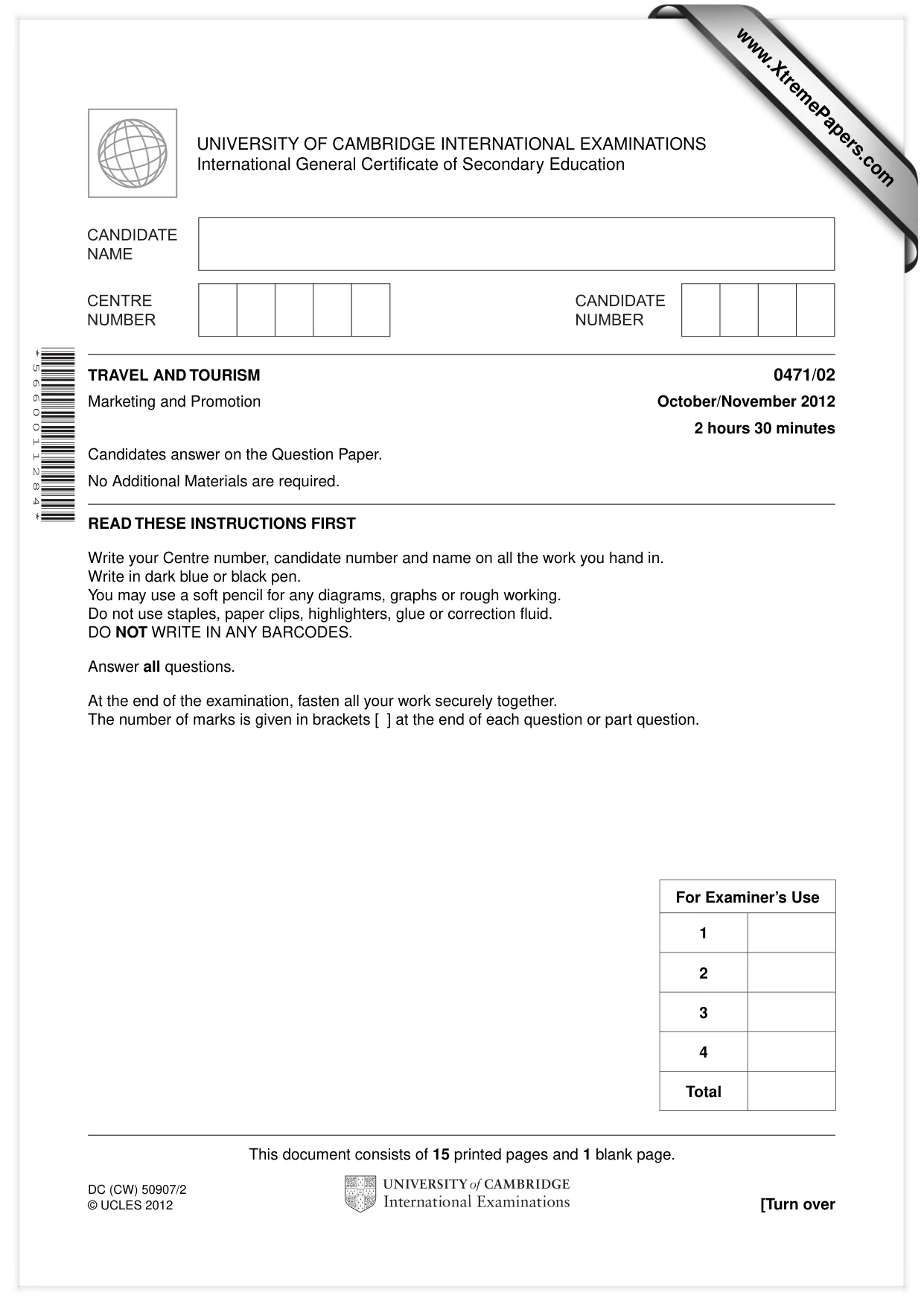 Cambridge IGCSE Travel and Tourism 0471 2012 Oct/Nov Paper 2 · Variant 1 question paper, page 1 of 16