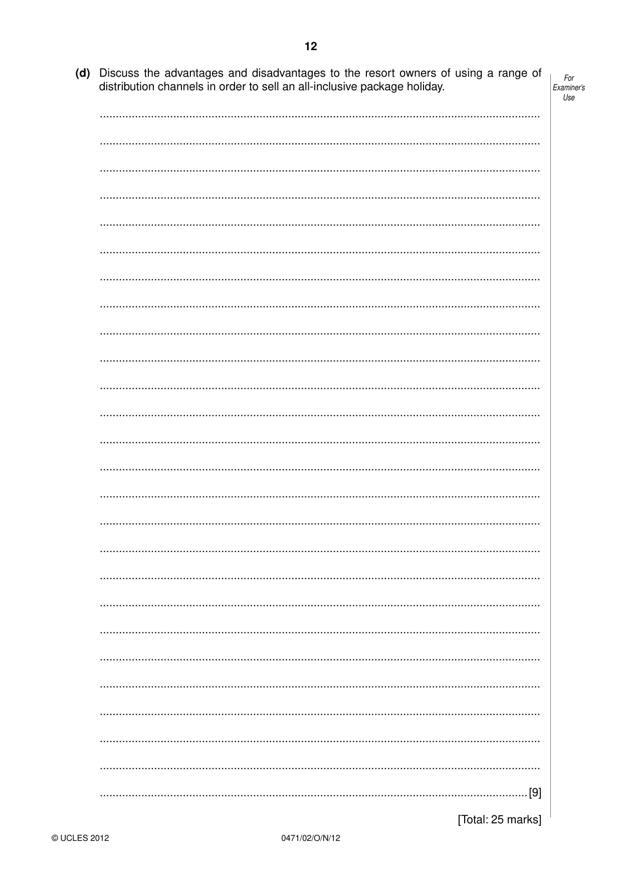 Cambridge IGCSE Travel and Tourism 0471 2012 Oct/Nov Paper 2 · Variant 1 question paper, page 12 of 16