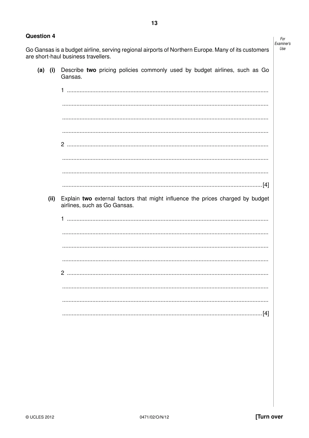 Cambridge IGCSE Travel and Tourism 0471 2012 Oct/Nov Paper 2 · Variant 1 question paper, page 13 of 16