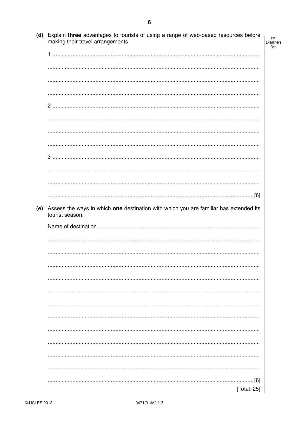 Cambridge IGCSE Travel and Tourism 0471 2013 May/June Paper 1 · Variant 1 question paper, page 6 of 12