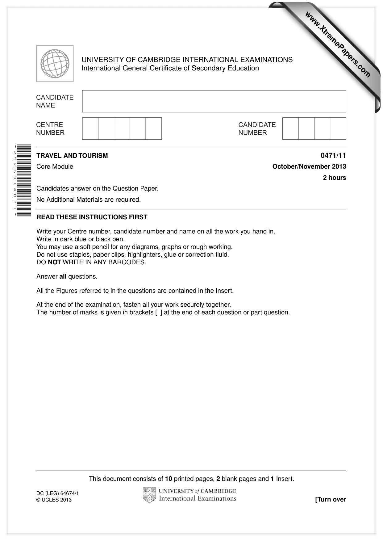 Cambridge IGCSE Travel and Tourism 0471 2013 Oct/Nov Paper 1 · Variant 1 question paper, page 1 of 12