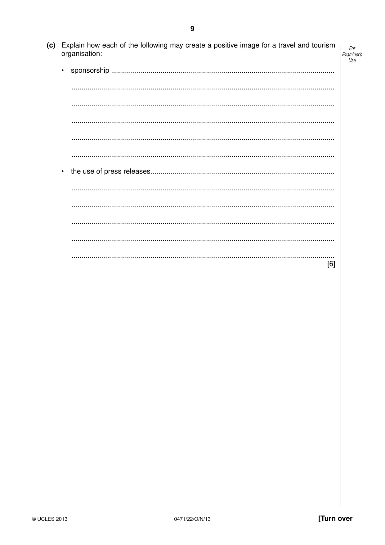 Cambridge IGCSE Travel and Tourism 0471 2013 Oct/Nov Paper 2 · Variant 2 question paper, page 9 of 16