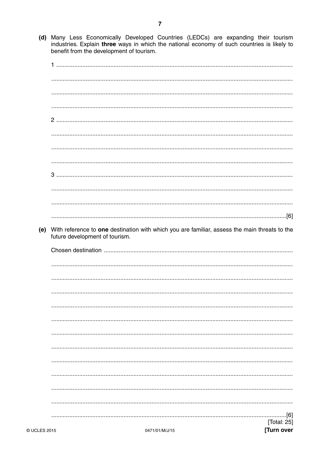 Cambridge IGCSE Travel and Tourism 0471 2015 May/June Paper 1 · Variant 1 question paper, page 7 of 16