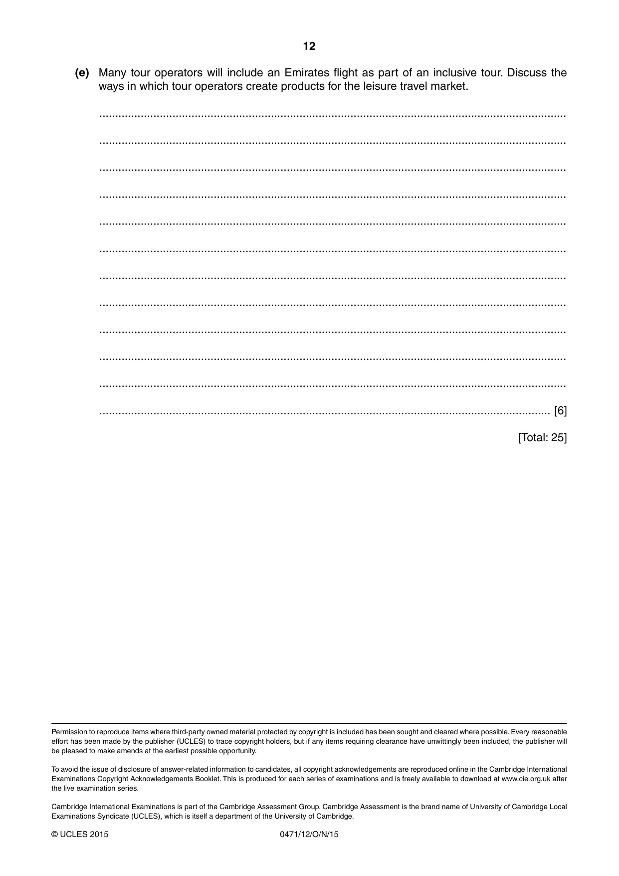 Cambridge IGCSE Travel and Tourism 0471 2015 Oct/Nov Paper 1 · Variant 2 question paper, page 12 of 12