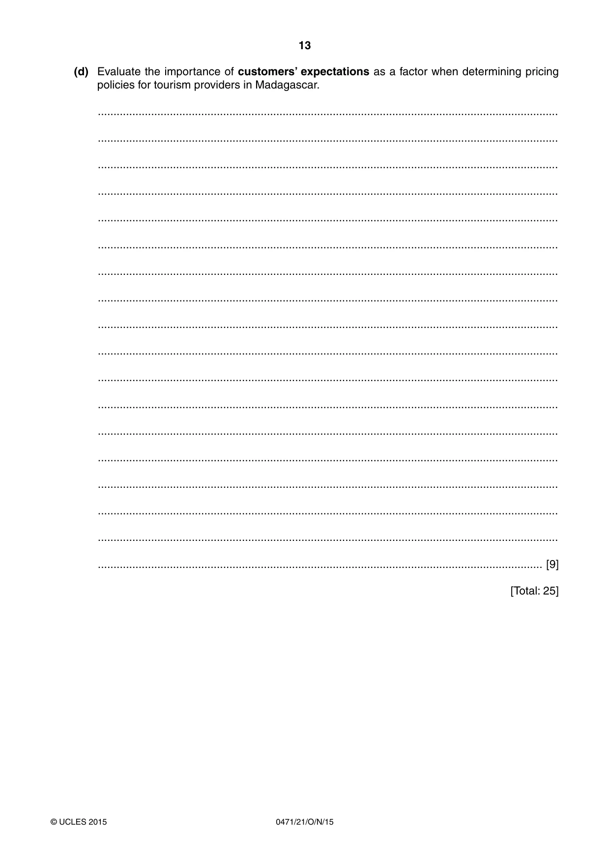 Cambridge IGCSE Travel and Tourism 0471 2015 Oct/Nov Paper 2 · Variant 1 question paper, page 13 of 16