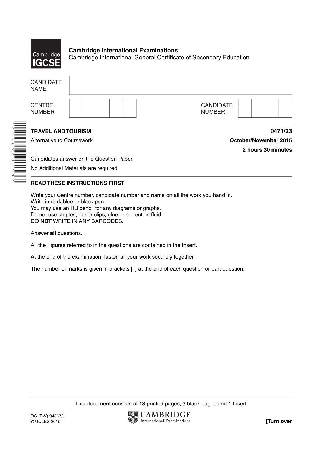 Cambridge IGCSE Travel and Tourism 0471 2015 Oct/Nov Paper 2 · Variant 3 question paper, page 1 of 16