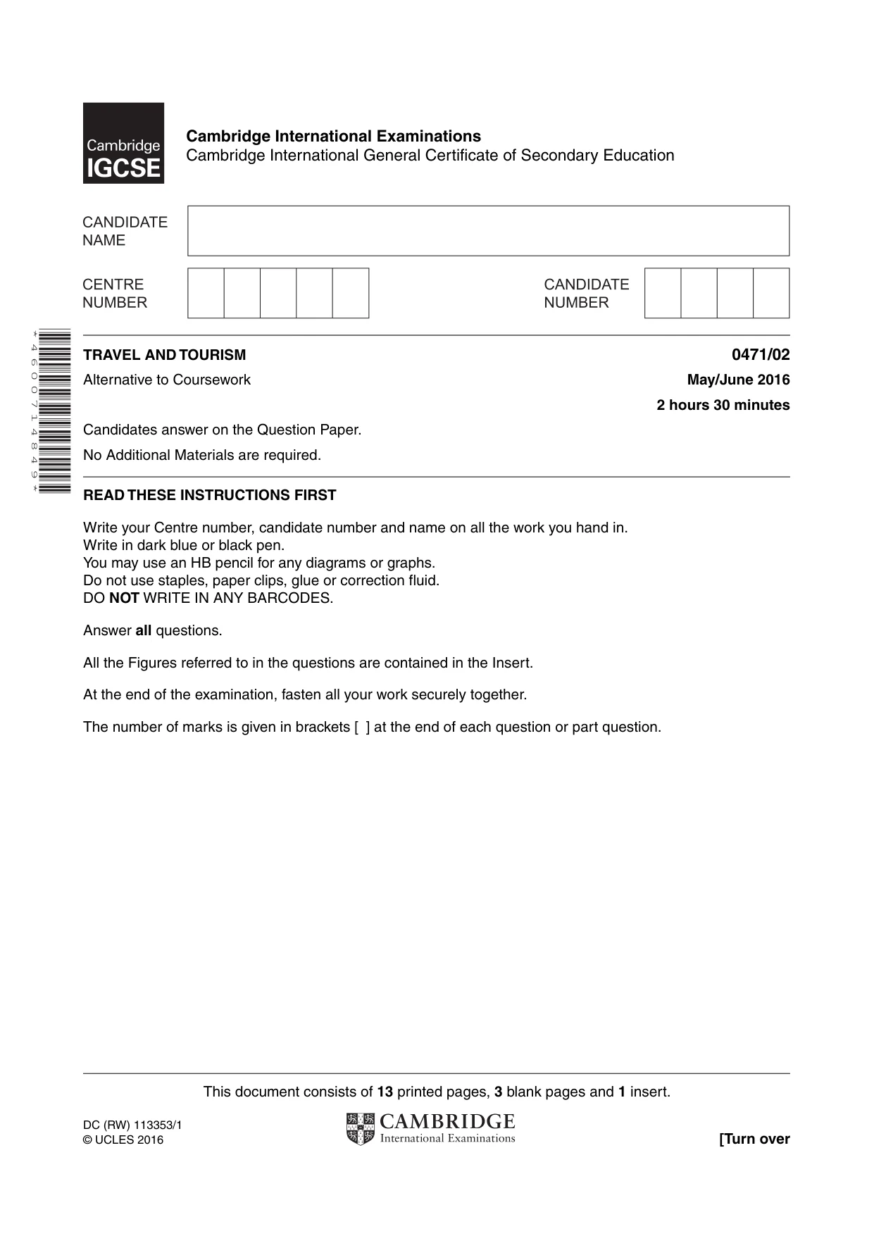 Cambridge IGCSE Travel and Tourism 0471 2016 May/June Paper 2 · Variant 0 question paper, page 1 of 16